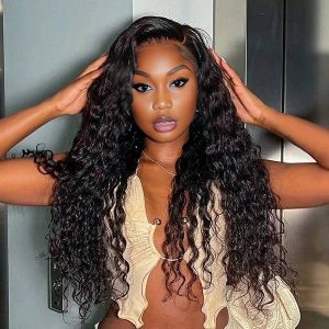 center wig natural black remy hair 6x7 lace closure deep wave human hair wig