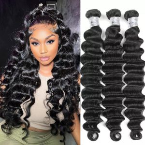 center wig remy hair black deep wave bundles brazilian weaving